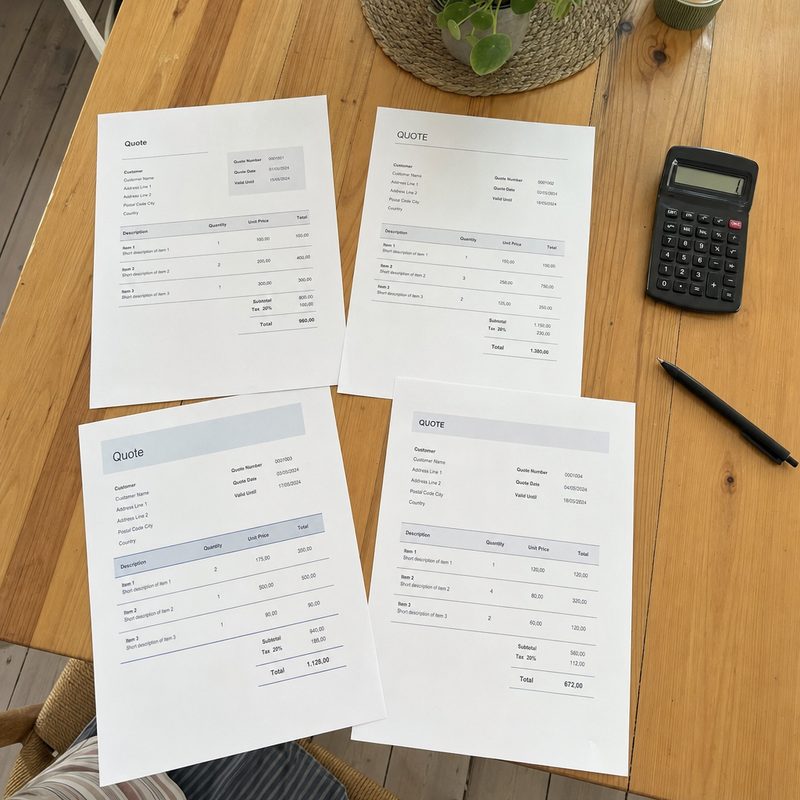 Køkkenbord med tilbud, lommeregner og kvitteringer klar til fradragsopgørelsen